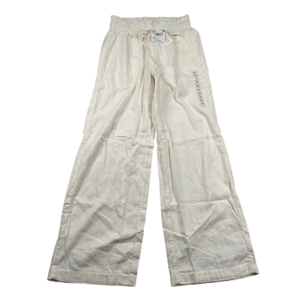 American Eagle Linen Blend Pant Womens XXS Wide Leg Paperbag White Beach Wedding